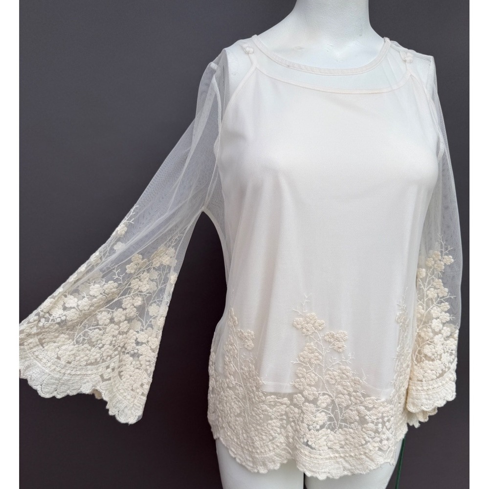 Ultra Pink Ivory Long Lace Boho Bell Sleeve Crochet Knit Top Blouse Womens M 2pc